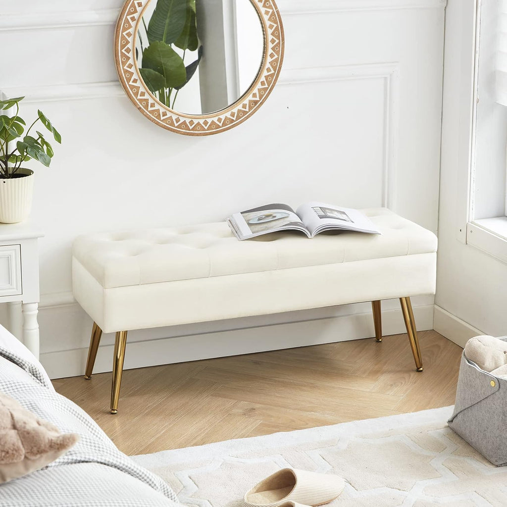 Bench Storage Ottoman Bench with Storage for End of Bed Entryway Cream Velvet