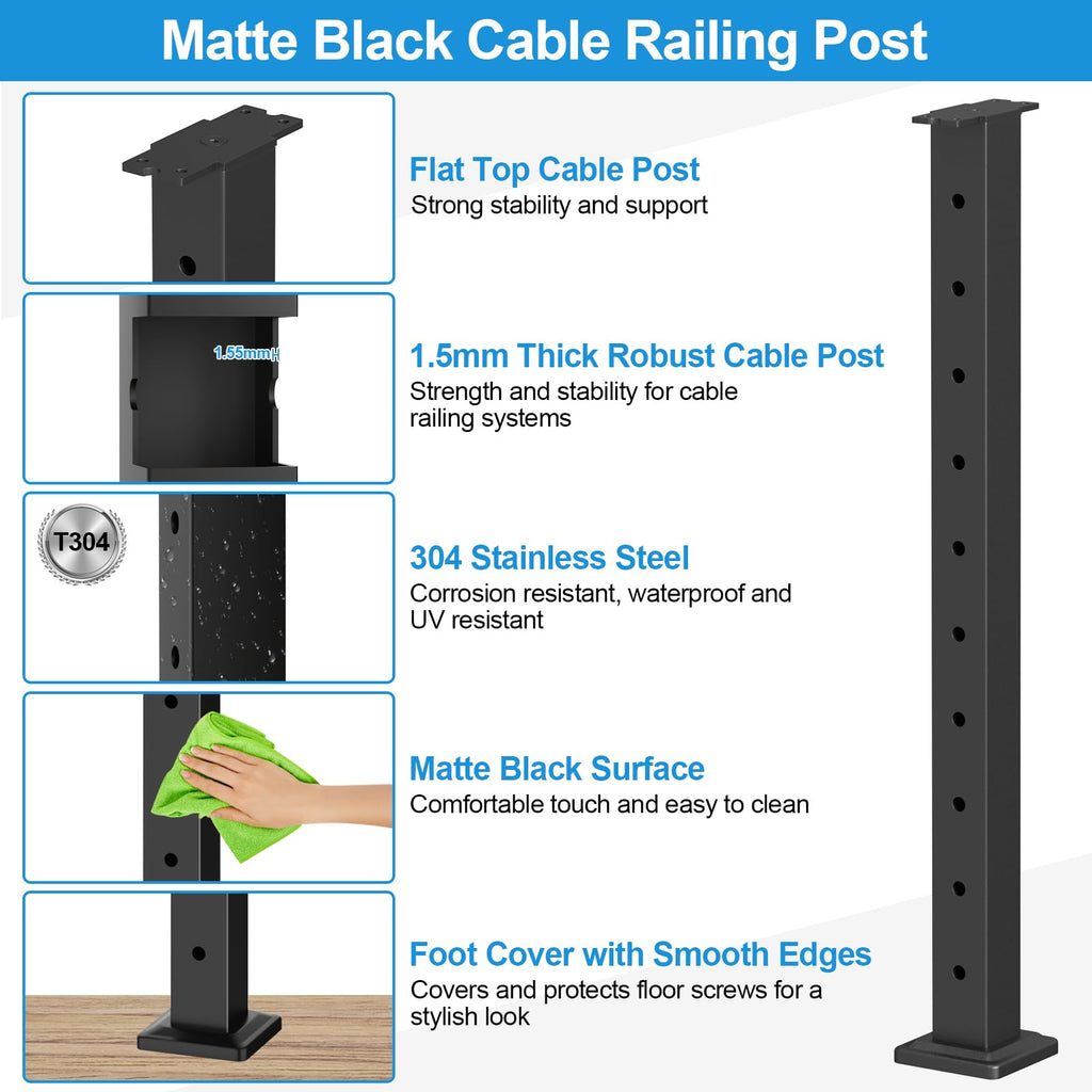 12-20FT 36" Black Complete Cable Railing Kit with 3/16" Wire Rope