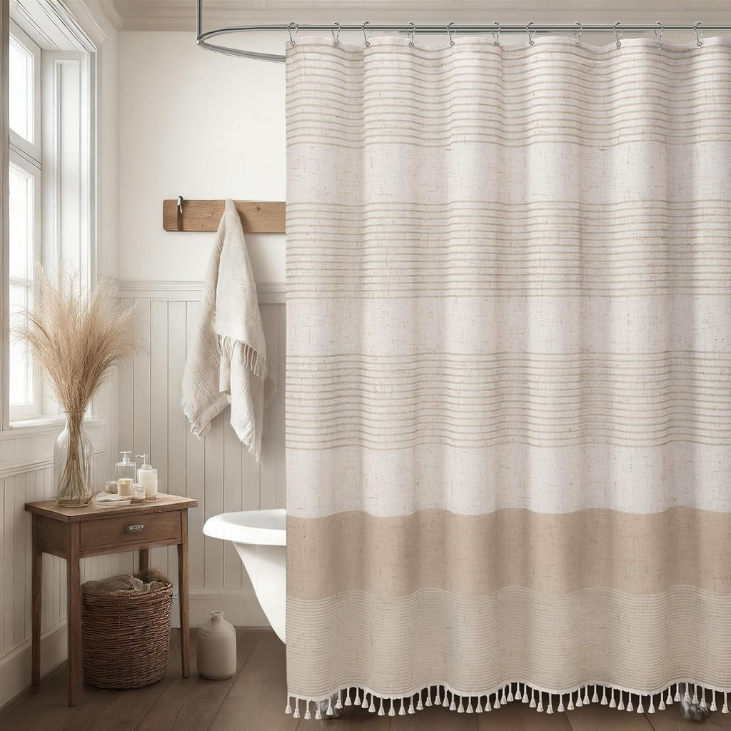 Beige Boho Linen Striped Shower Curtain with Tassel 72" W X 72" L | Boho Farmhouse Shower Curtains with Linen Texture