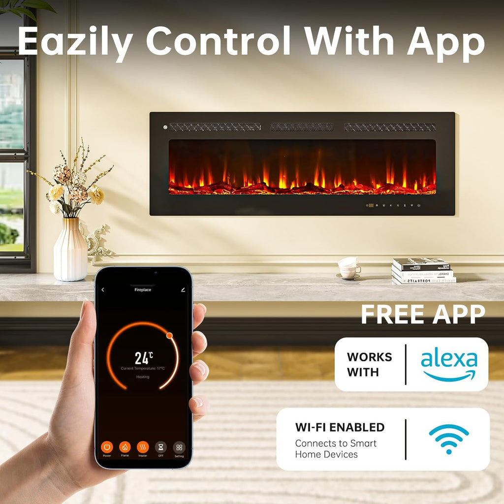 50” Smart Electric Fireplace Heater, Compatible with Alexa & Google Home, Wall Mount