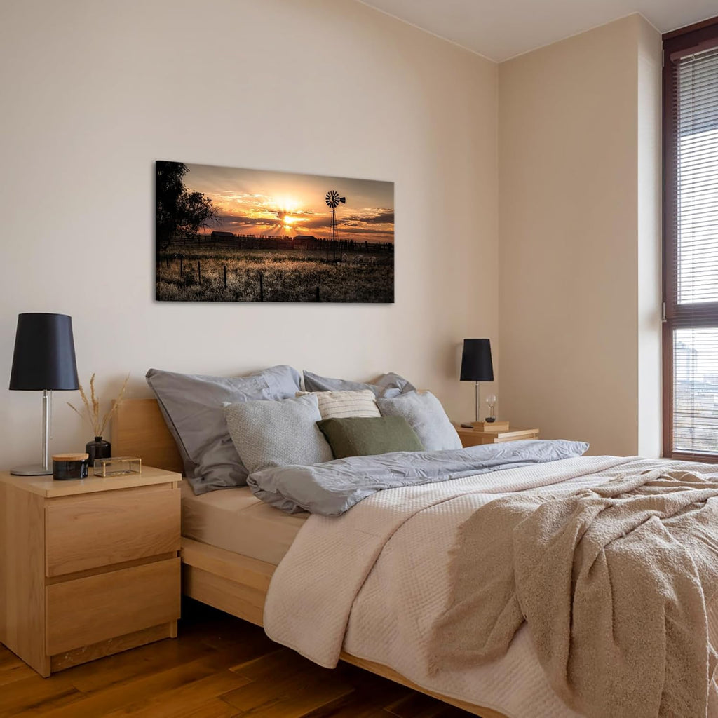 Large Size Wall Art Rural Landscape Pictures Decor Farmhouse Windmill at Sunset Scenery Photograph Painting Canvas