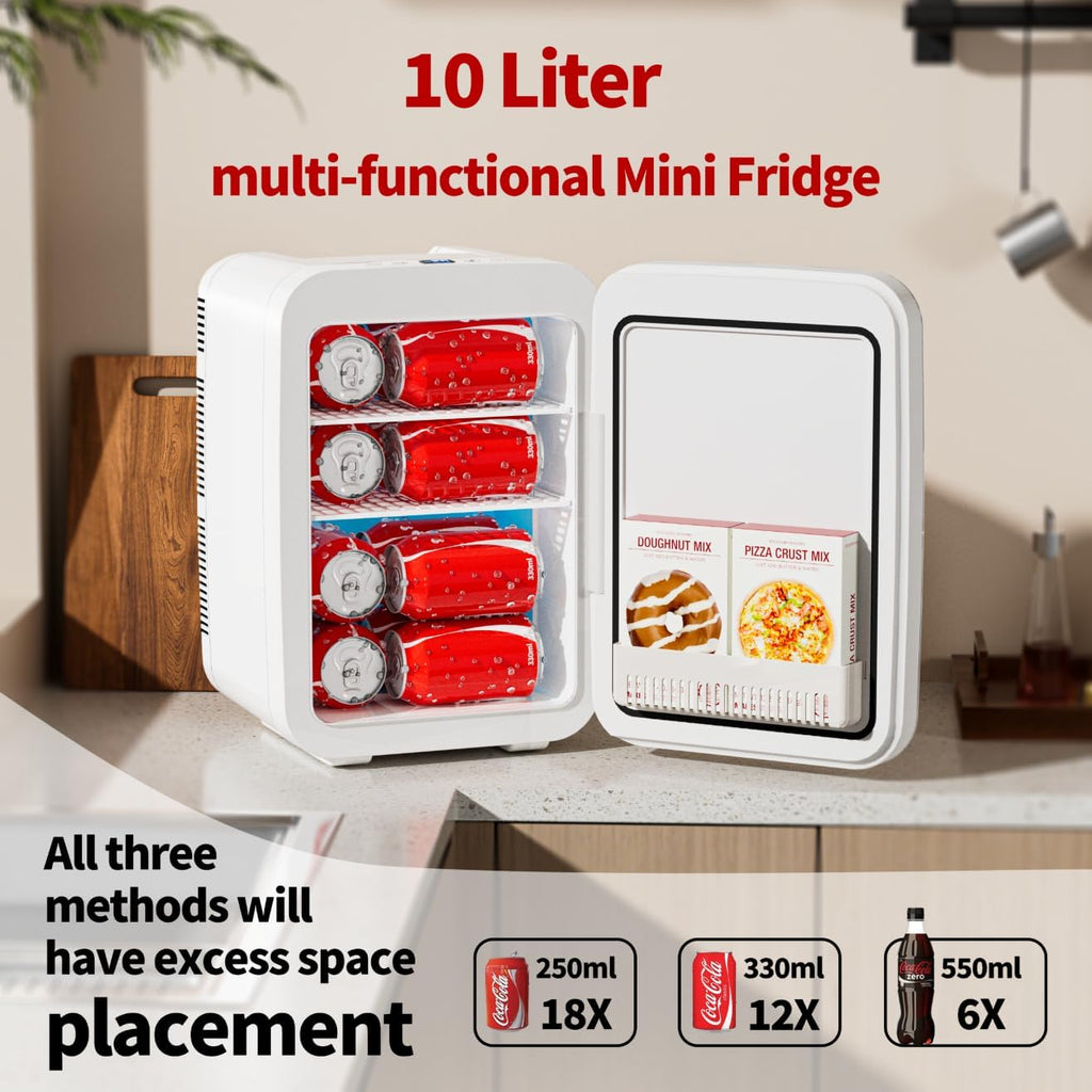 Mini Fridge for Bedroom - 10 Liter/15 Can Portable Refrigerator for Dorm, Office, Car - Quiet Cooler & Warmer for Food