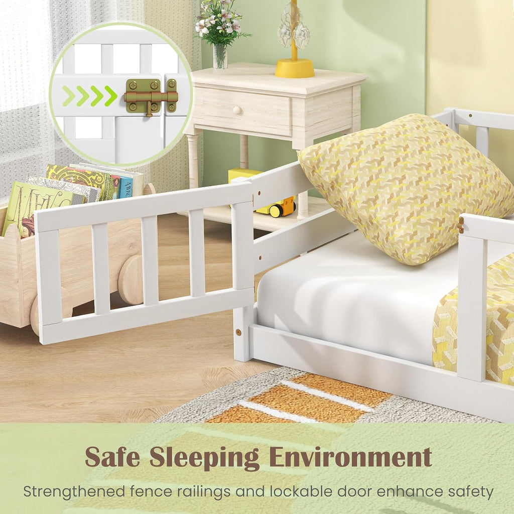 Twin Floor Bed for Kids, Wood Montessori Bed with Safety Guardrails, Floor Bed Frame for Kids, Boys, Girls, No Box