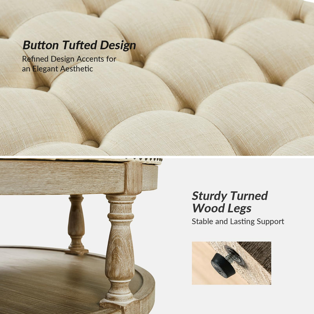 Large Round Ottoman Coffee Table, 2-Tier Oversized Button Tufted Ottoman, with Wood Shelf Storage Farmhouse
