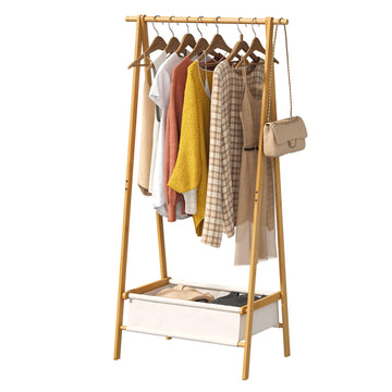 Bamboo Clothes Rack with Storage Box Foldable Garment Holder Coat Rack Freestanding Coat Stand Child Clothing Stand