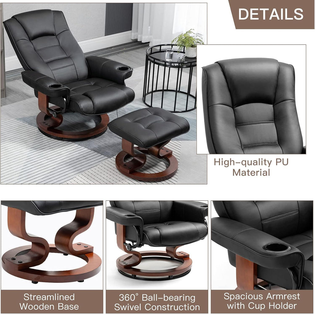 Modern Reclining Swivel Lounge Chair and Ottoman — Black Faux Leather