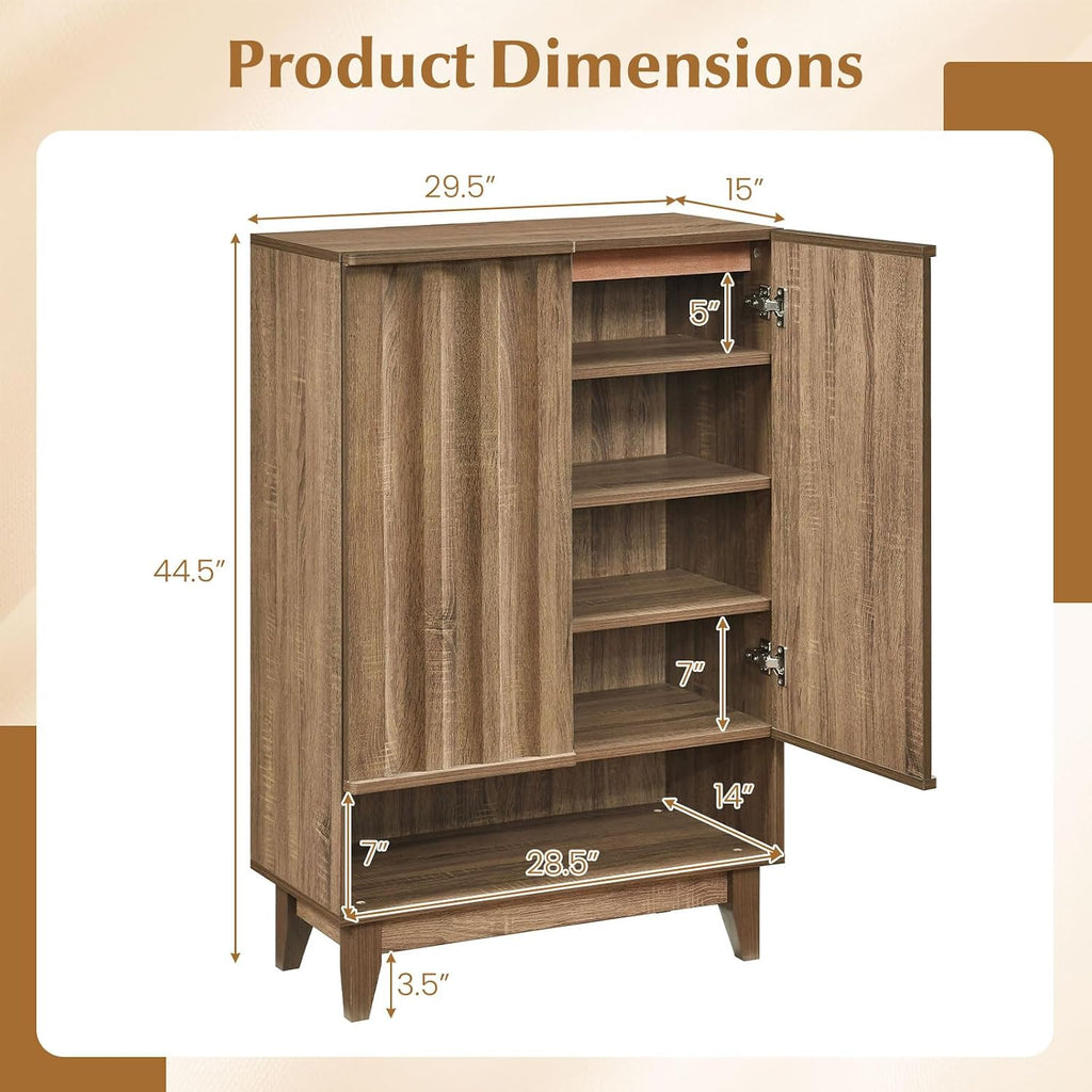 Shoe Cabinet with 2 Fluted Doors, 5-Tier Wooden Shoe Rack Organizer Cabinet with Removable Shelves, Freestanding Shoe