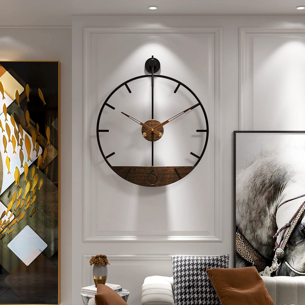 Modern Wood Walnut Dial Wall Clock, Large Simple Wall Decor Metal Frame Silent Non Ticking Clock Decor, Kitchen