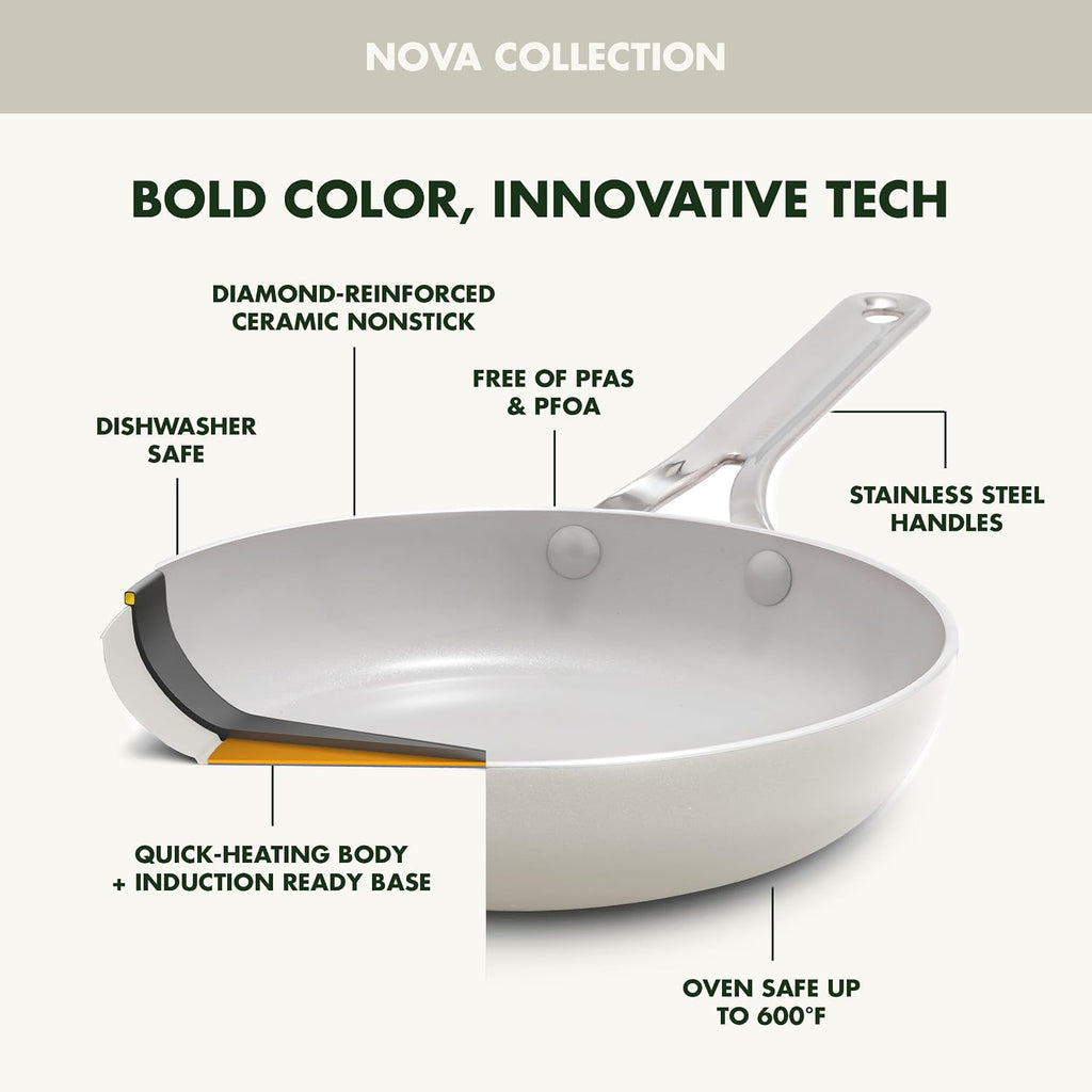 Nova 10-Piece Nonstick Cookware Set, PFAS-Free Ceramic Pots & Pans with Silicone Cooking Utensils, Durable Fast