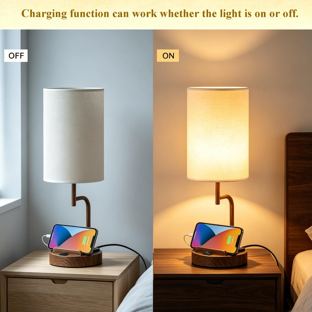 2 Pack Table Lamp, Bedside Lamp with 3 USB Charging Ports & AC Outlet, USB Desk Lamp with 2 Phone Holders, Linen