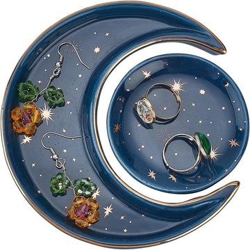 Sun and Moon Jewelry Plate, Ceramic Jewelry Dish Decorative Trinket Midnight Blue Holder Tray for Storing Rings