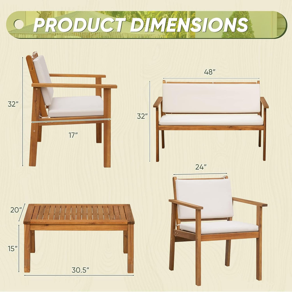 Patio Furniture 4 Piece Outdoor Acacia Wood Patio Conversation Sofa Set with Table & Cushions Porch Furniture for Deck