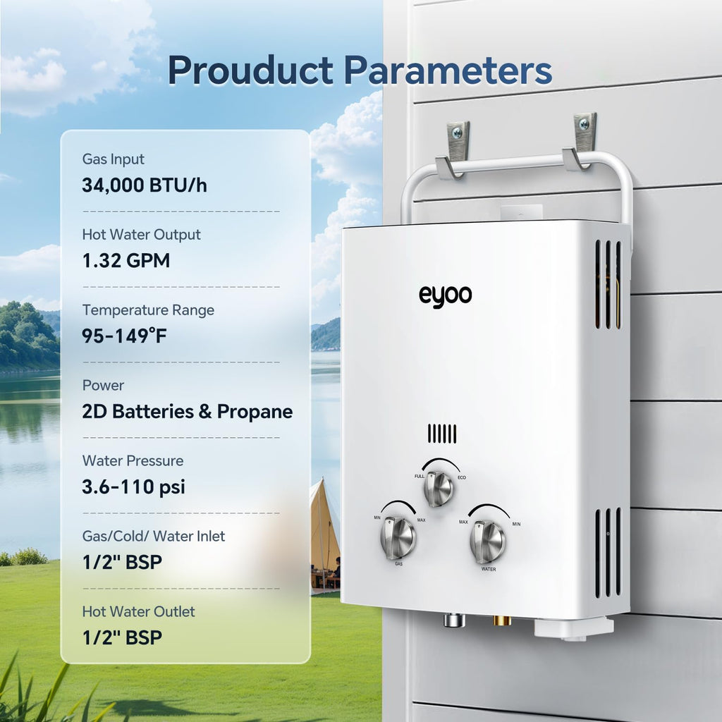 1.32 GPM Portable Propane Water Heater, 34, 000 BTU 5L Tankless Water Heater Gas for Outdoor