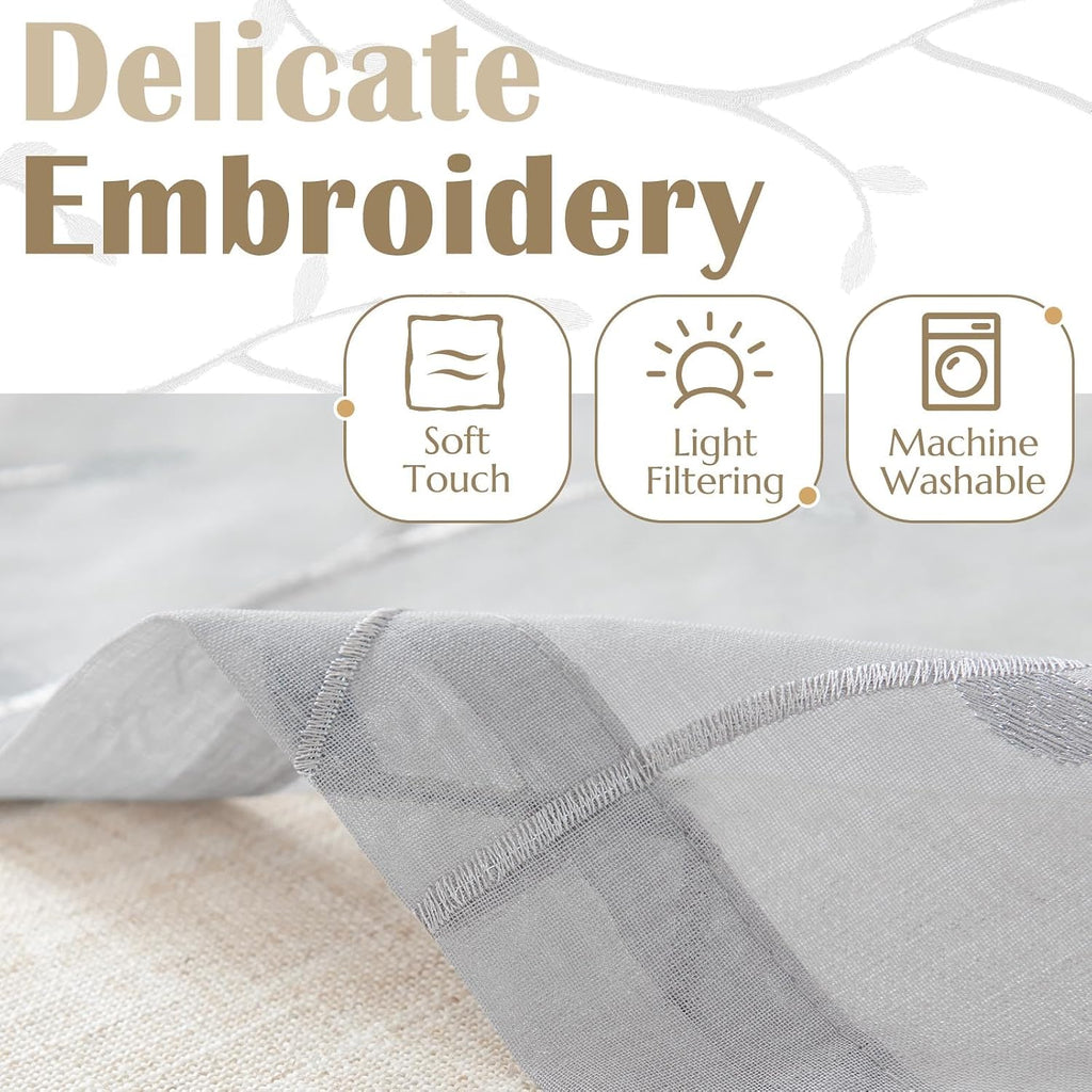 Linen Valance Sheer Double Layer Kitchen Window Curtain Leaf Embroidered Valance for Living Room Cafe Farmhouse Light