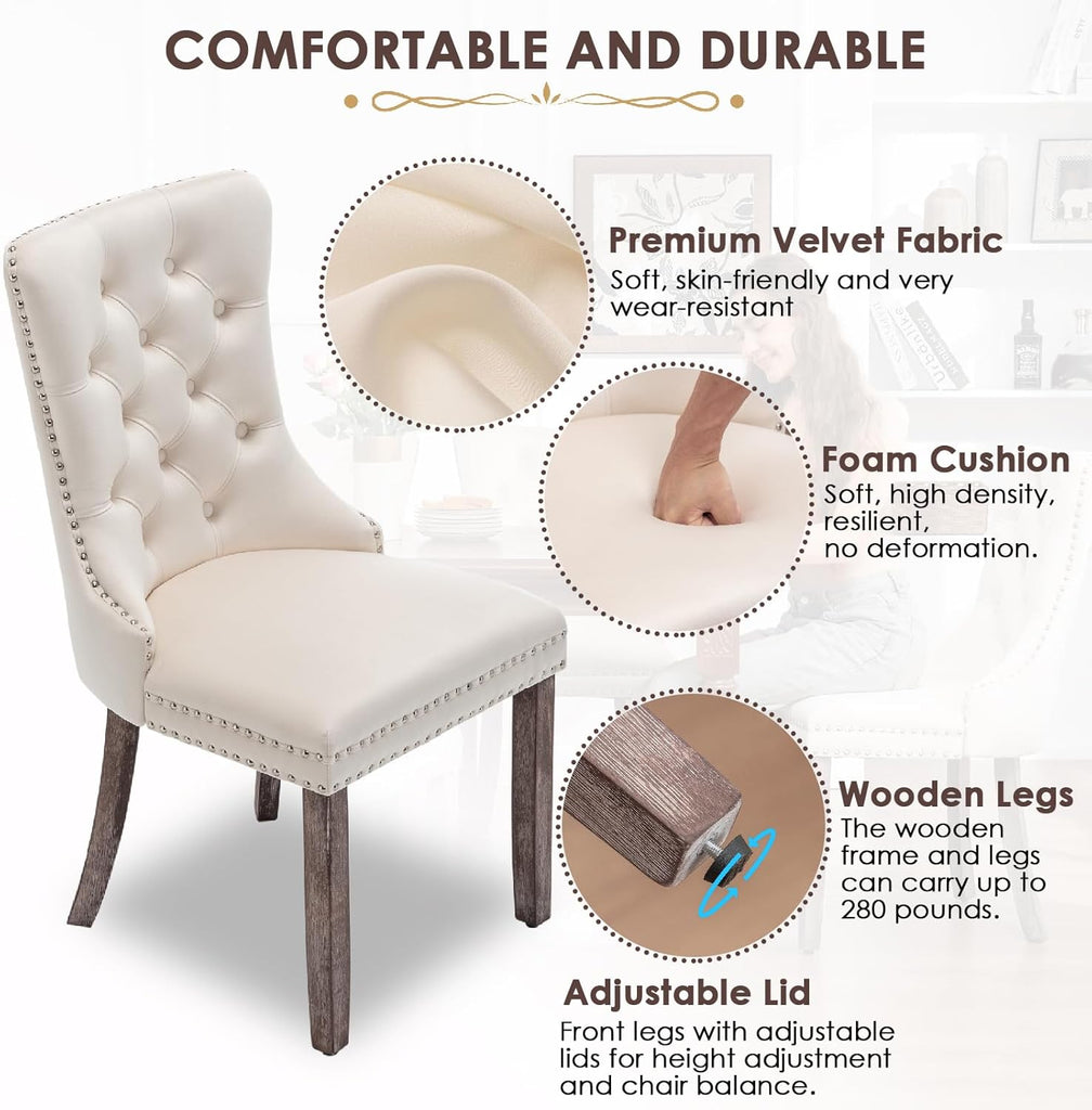Velvet Dining Chairs Set of 4, Upholstered Dining Room Chairs with Ring Pull Trim and Button Back