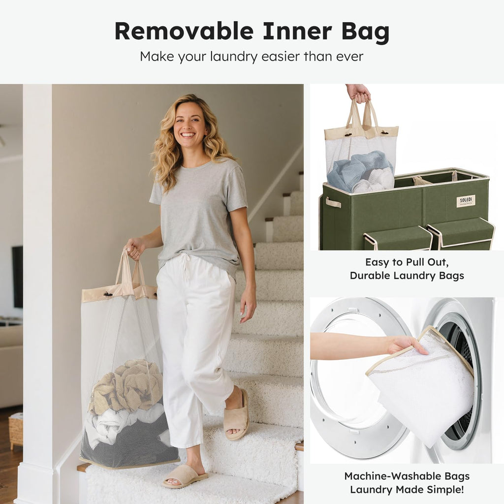 220L Laundry Hamper 3 Section with Lid and 2 Side Pockets