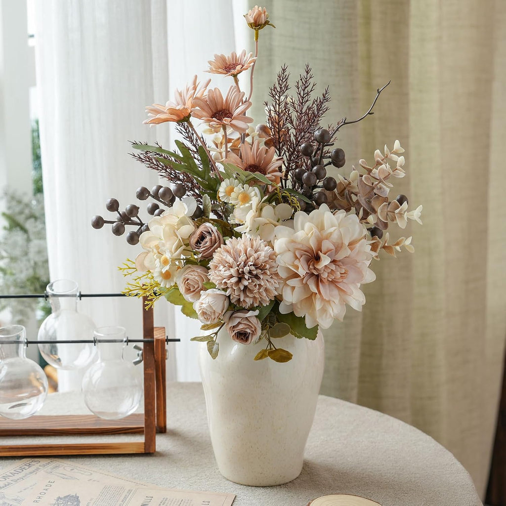 16-inch Artificial Fake Flowers Silk Table Arrangements Faux Plastic Floral Centerpieces with Roses, Dandelions