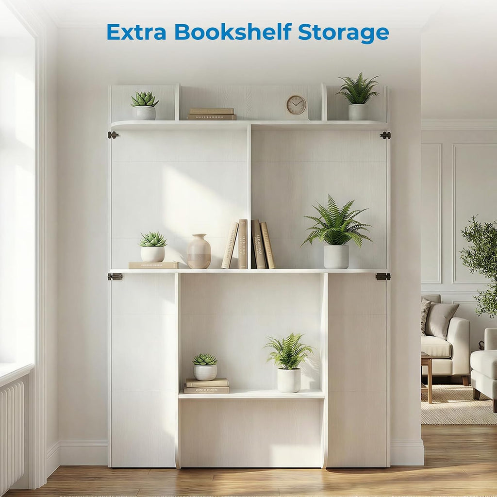 Queen Wall Murphy Bed with Storage Shelf, Queen Wall Beds Cabinet Murphy Beds with Bookshelf, Top Cabinet Bedframe