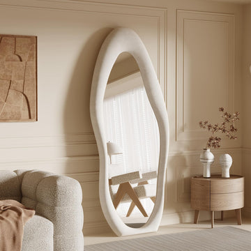 Full Length Mirror, 63" x 24" Wall Mirror, Irregular Wavy Full Body Mirror with Flannel Wrapped Wooden Frame, Hanging