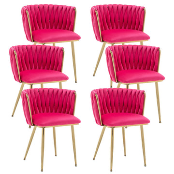 Velvet Dining Chairs Set of 6 Woven Dining Chairs with Gold Metal Legs Upholstered Modern Dining Room Chair (Rose