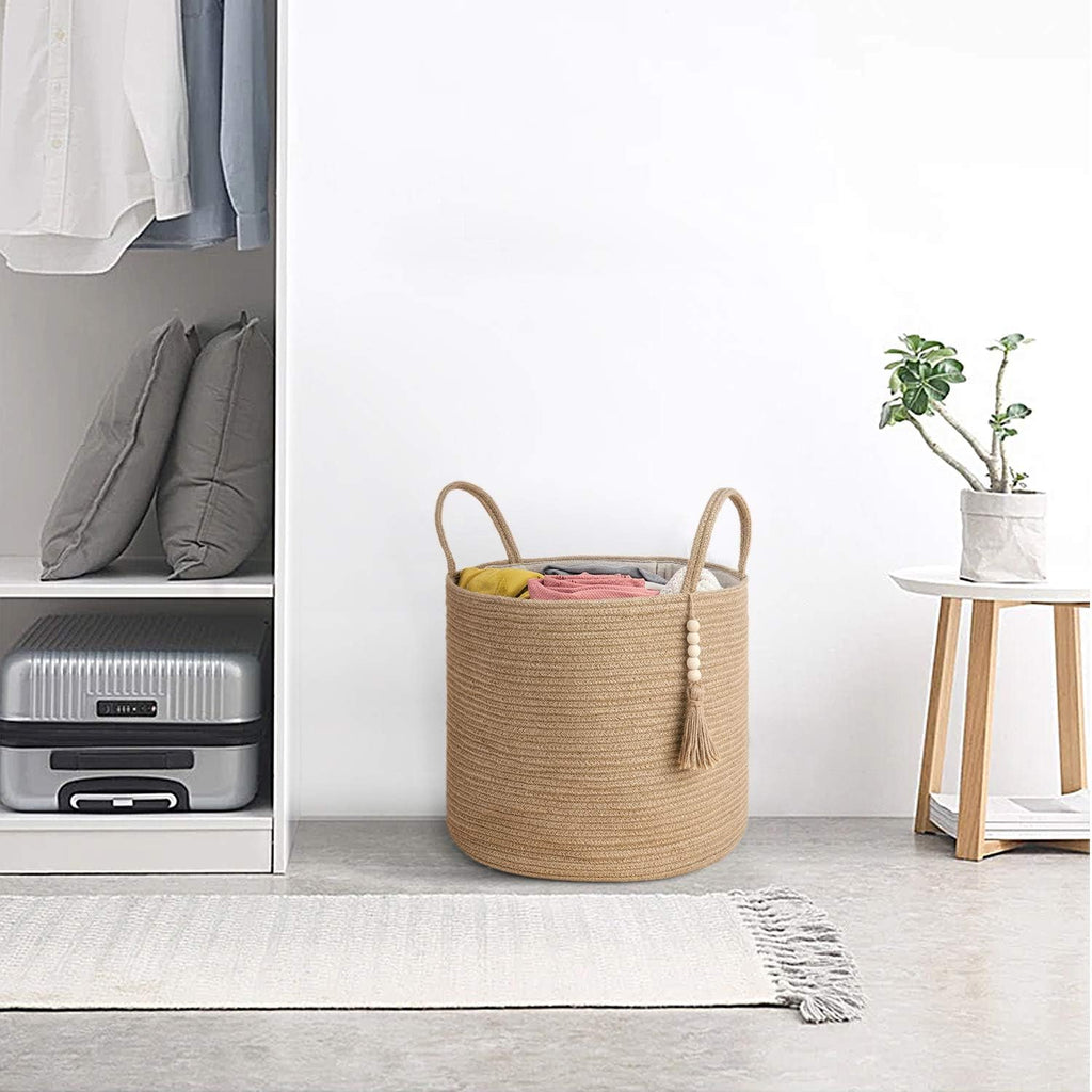 Woven Storage Basket for Blanket, Toys Plant Organizer, 16"W x 13.8"L | Brown, Jute, Decorative Basket with Handle
