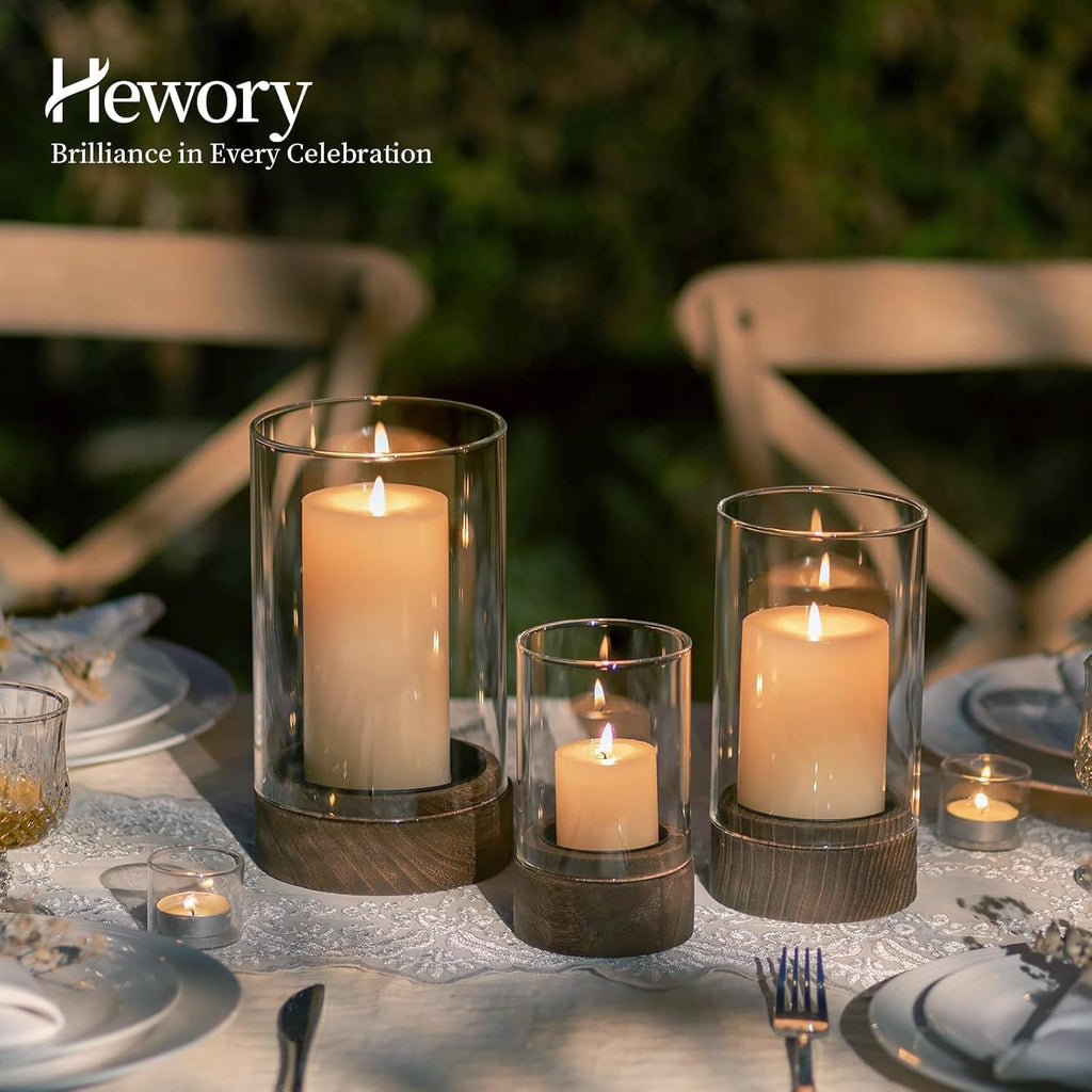 Hurricane Glass Candle Holder : Set of 3 Rustic Brown Candle Holders for Pillar Candles, Vintage Decorative Wood