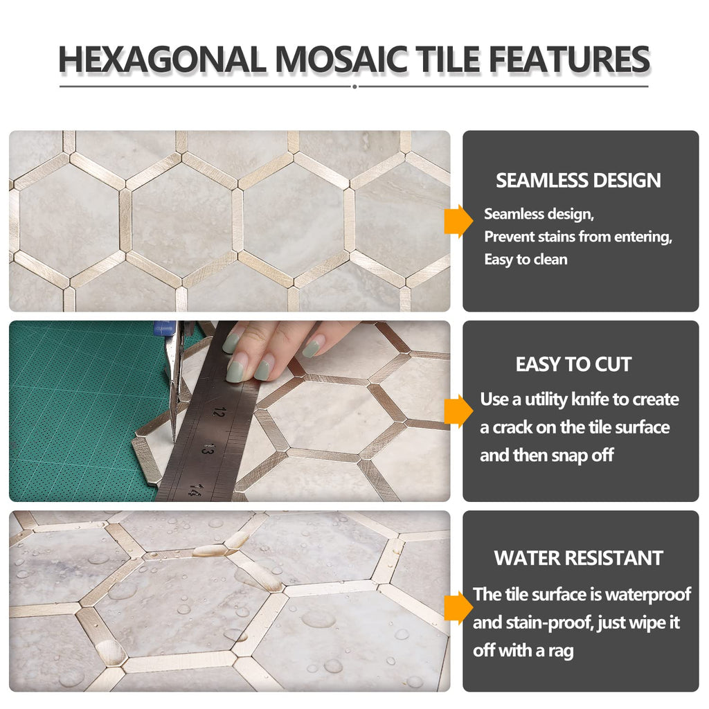 Hexagon Peel and Stick Backsplash Tile, Stick on Backsplash , Beige Marble Look PVC Mixed Metal Gold Self Adhesive