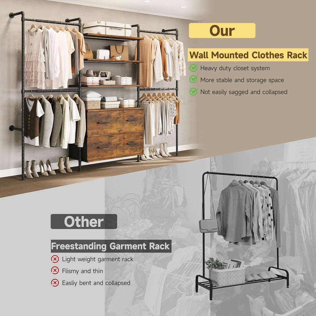 T3 Closet System with Stepless Dimmable LED Light, Industrial Pipe Clothing Rack with 4 Drawers, 6 Wooden Shelves & 4