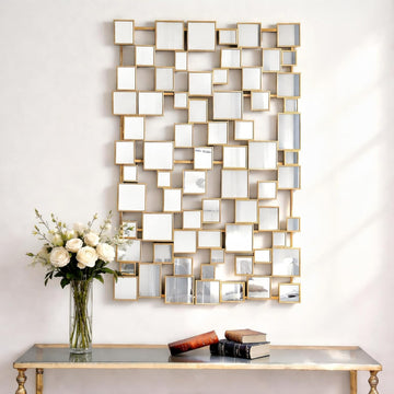 Gold Modern Wall Mirror - 45"×30" Large Metal Framed Decorative Mirror, Unique Mosaic Design Wall Mirrors Entryway