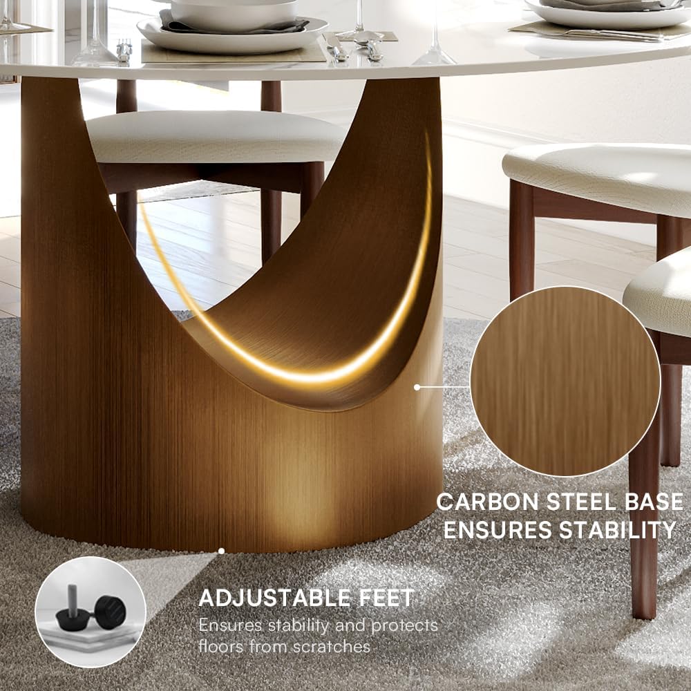 59" Round Dining Table for 6, Glossy White Sintered Stone Dining Tabletop with Bronze Carbon Steel Pedestal, Modern