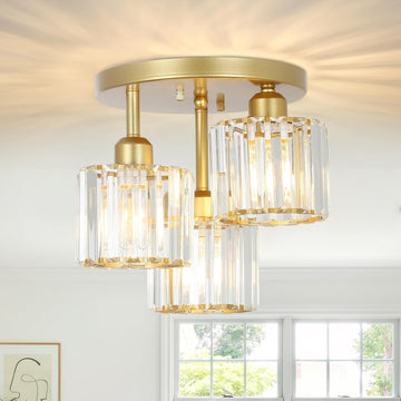 Modern Semi Flush Mount Ceiling Light,3-Light Golden Crystal Close to Ceiling Light Fixtures,Kitchen Light Fixtures