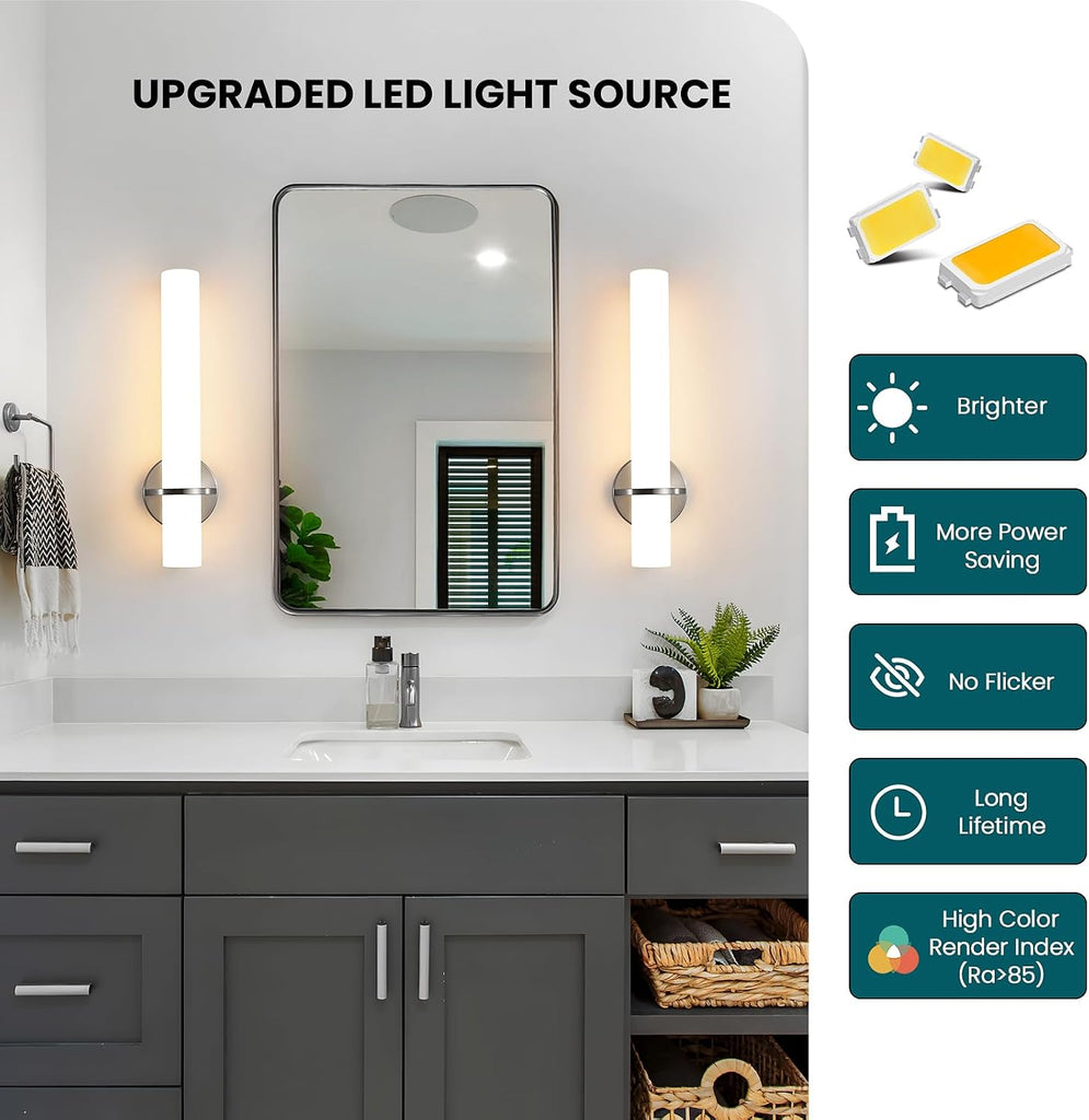 Brushed Nickel Bathroom Sconces Wall Lighting 18W LED Dimmable Vanity Light Fixture, 2700K-5000K Indoor Modern Wall