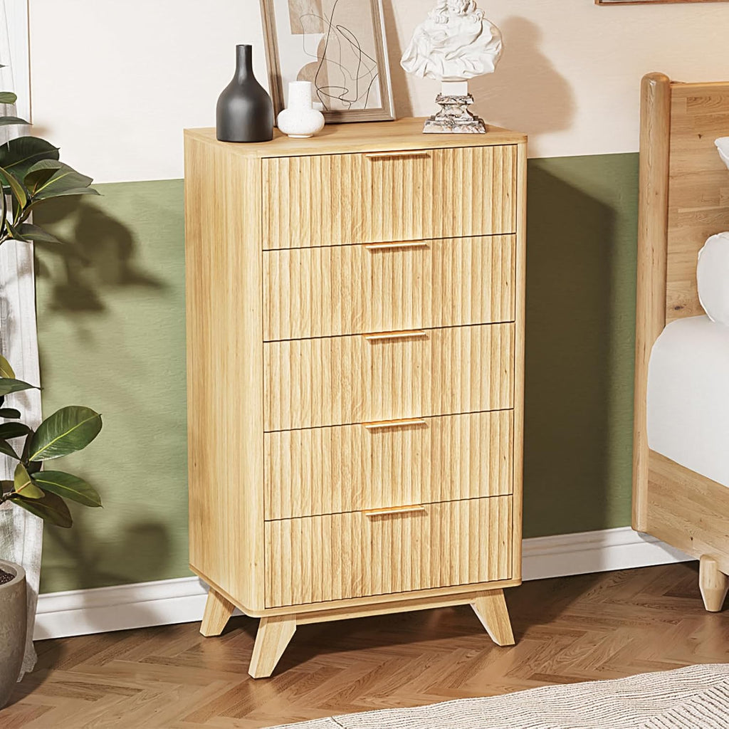 Fluted Tall Dresser 5 Drawer, 23.66" W Chest of Drawers, Oak Wood Dresser Mid Century Modern with Rounded Edge