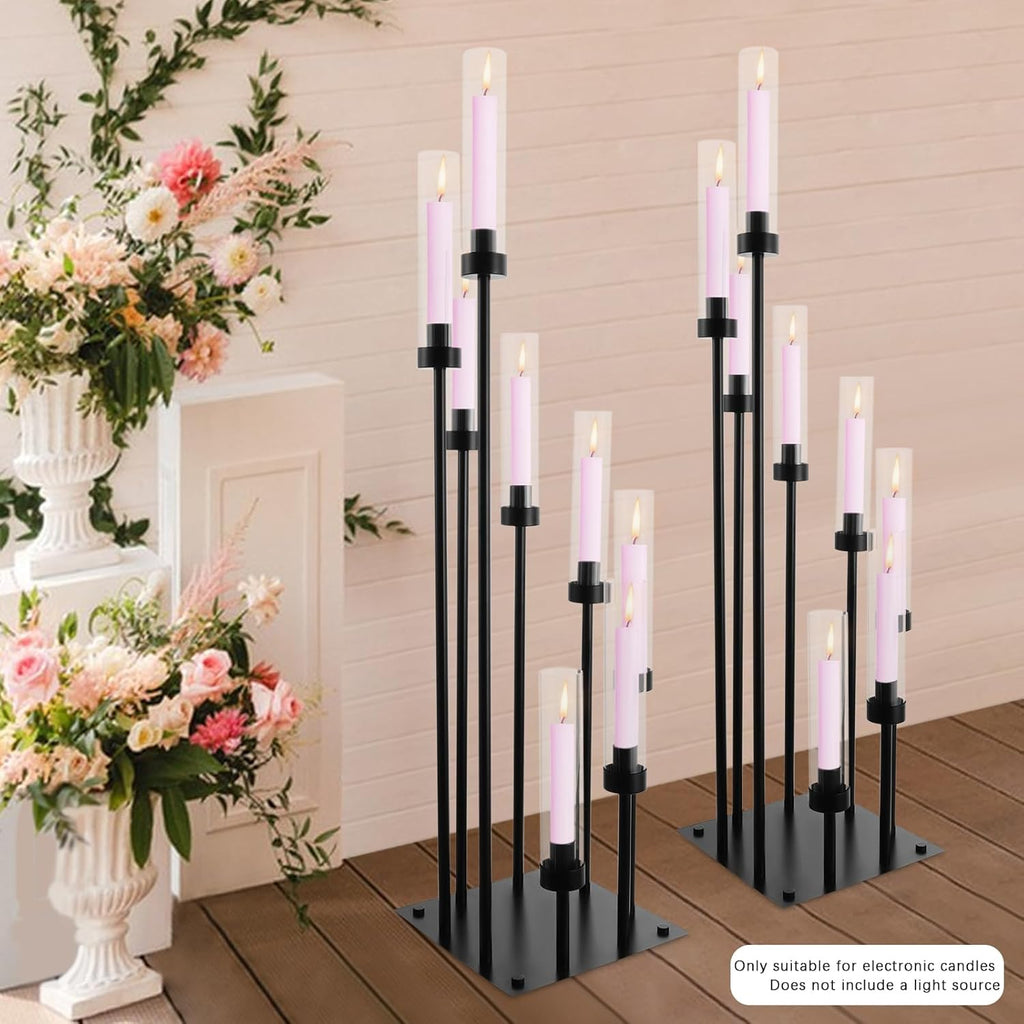 8-Arms Black Floor Candle Holder, Set of 2 Modern Candelabra with Acrylic Shades for Table Centerpiece, Home Decor