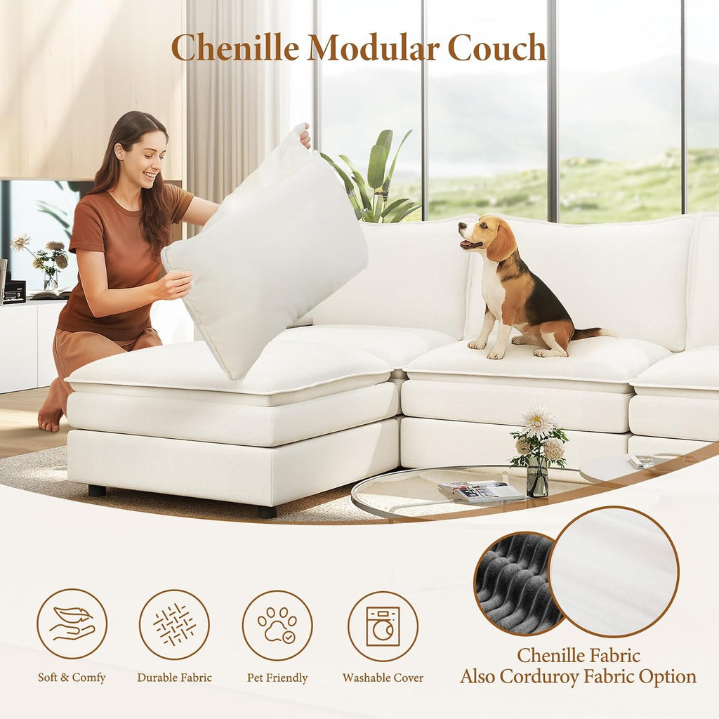 108" Modular Sectional Sofa, Comfy Cloud Couch with Movable Ottoman Deep Seat Chenille L Shaped Modular Sofa
