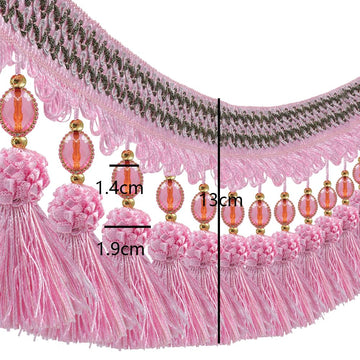 Pom Pom Curtain Fringe Trim Beads Ball Tassel Trimming Sewing Ribbon Upholstery Fabric (Pink) - 3yards