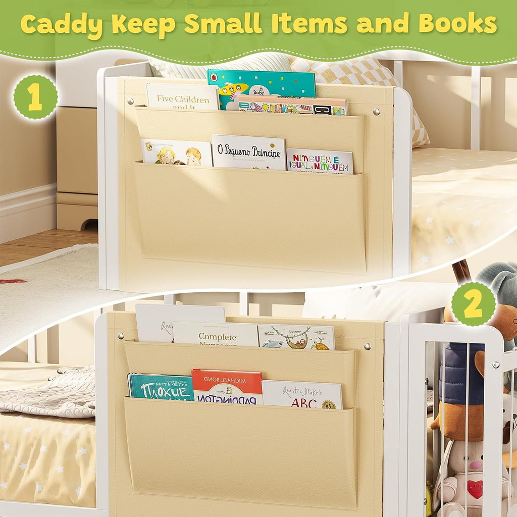Montessori Twin Floor Bed with Stuffed Animal Storage and Caddy | Boys and Girls,Rail Fence,Metal Frame,No Box Spring