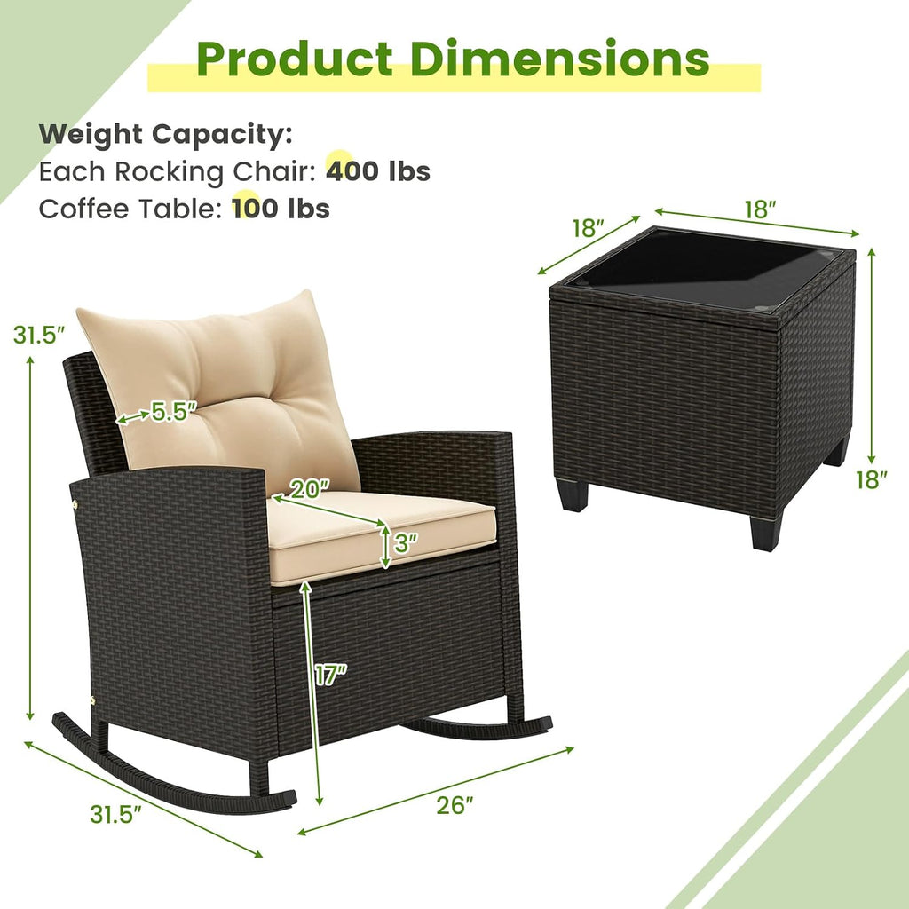 3 Piece Patio Furniture Rocking Bistro Set, Wicker Outdoor Rocking Chairs & Glass Table, PE Rattan Conversation Set