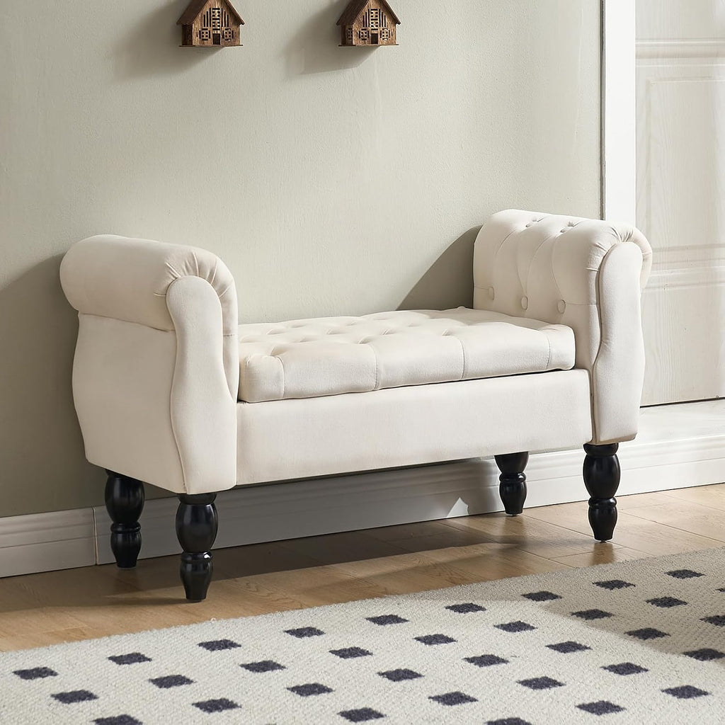 Storage Bench with Arms End of Bed Bench,Velvet Entryway Bench with Storage, Button Tufted Upholstered Ottoman Bench