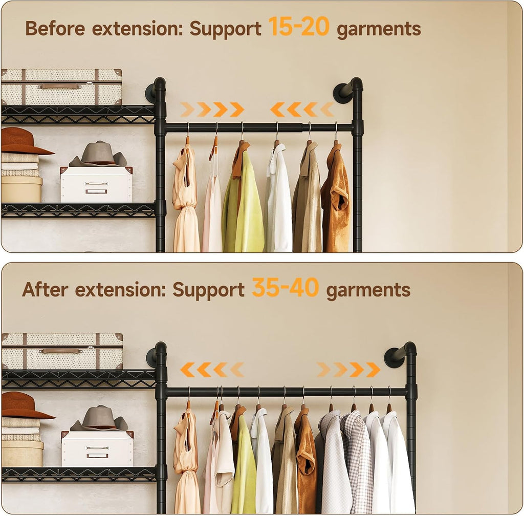 H4 Wall Mounted Closet System, Expandable Industrial Pipe Clothes Rack Clothing Rack for Hanging Clothes, Heavy Duty
