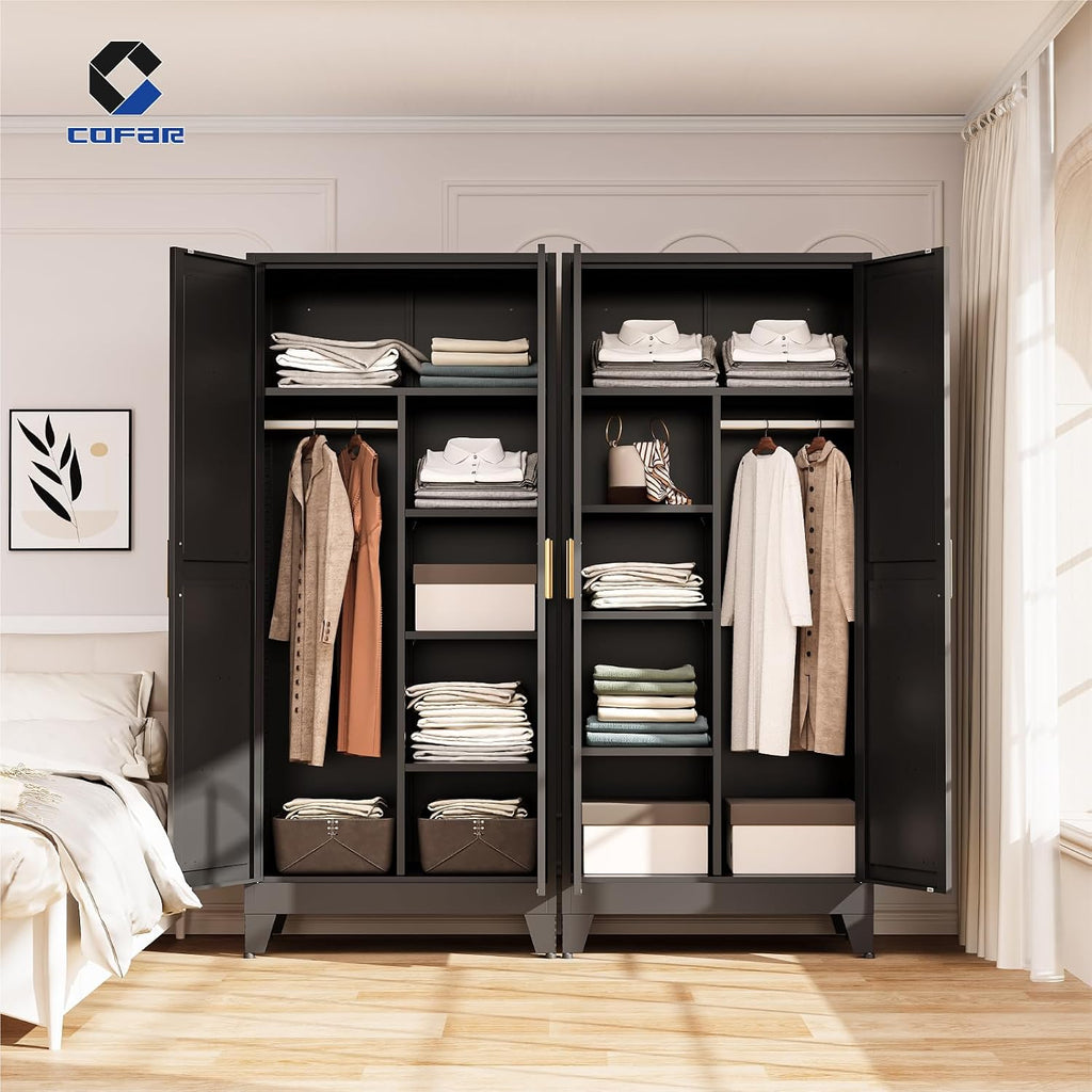 Wardrobe Closet with Doors, Metal Bedroom Armoire with Adjustable Hanging Rod and Shelves, Farmhouse Broom Closet
