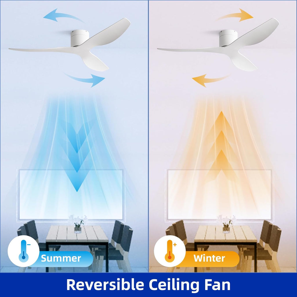 52" Low-Profile Modern Ceiling Fan with Remote – White Curved Blades, 3-Blade, DC Motor, No Light