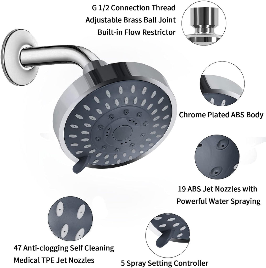 Shower Head High Pressure Rain Fixed Showerhead 5-Setting with Adjustable Metal Swivel Ball Joint