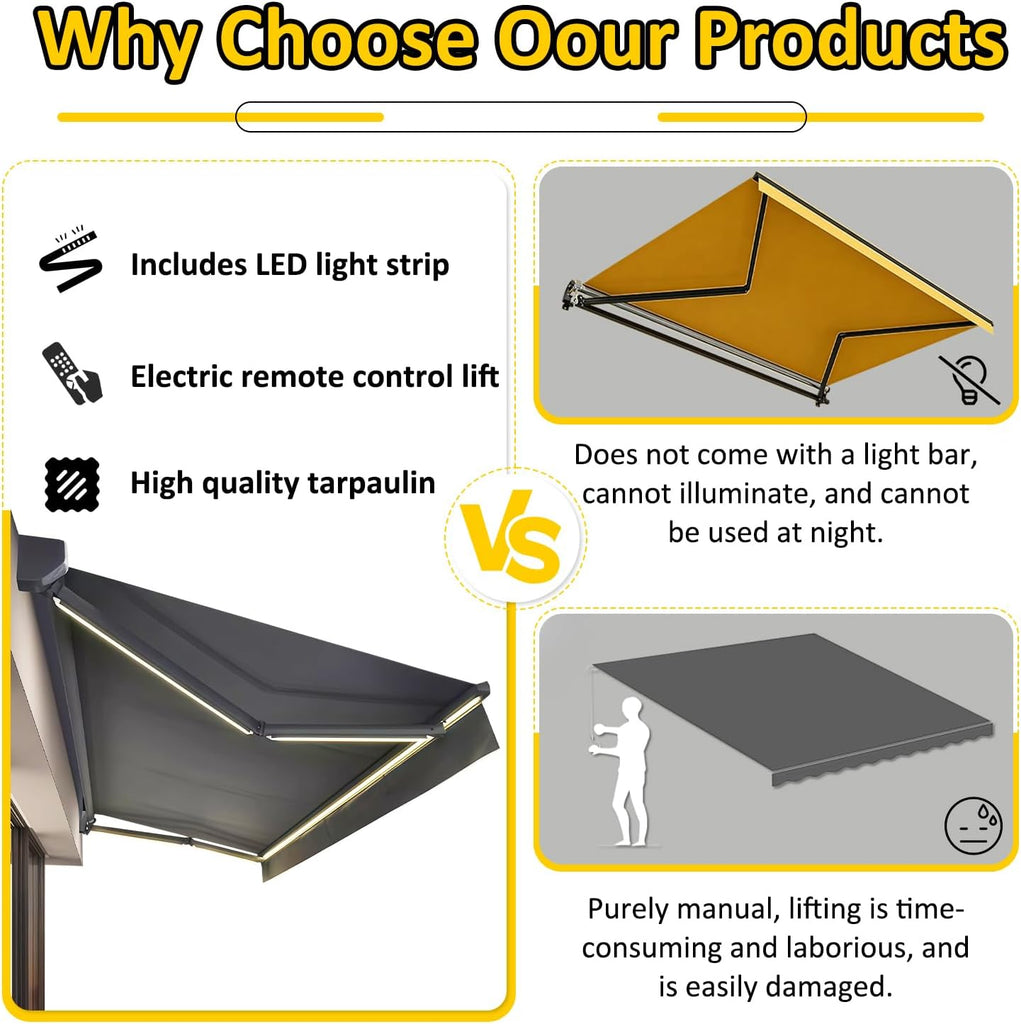Electric Retractable Awning, Automatic Retractable Awning & LED Light, Motorized Outdoor Shade Waterproof Fabric for
