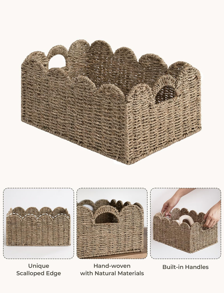 Scalloped Wicker Basket, Woven Baskets for Storage, Seagrass