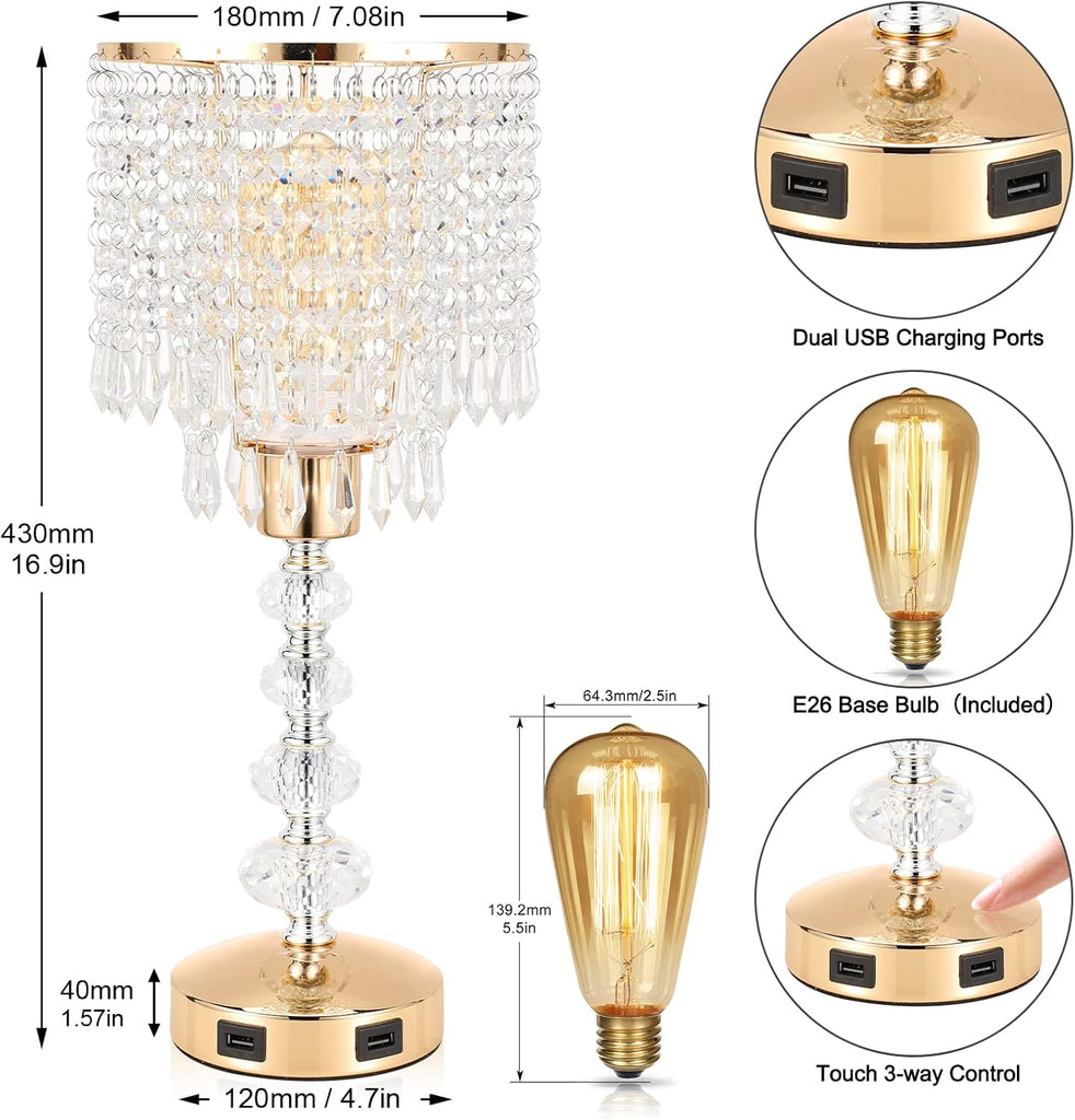 Crystal Table Bedside Lamp Touch Control, 3-Way Dimmable Small Nightstand Lamp with 2 USB Charging Ports