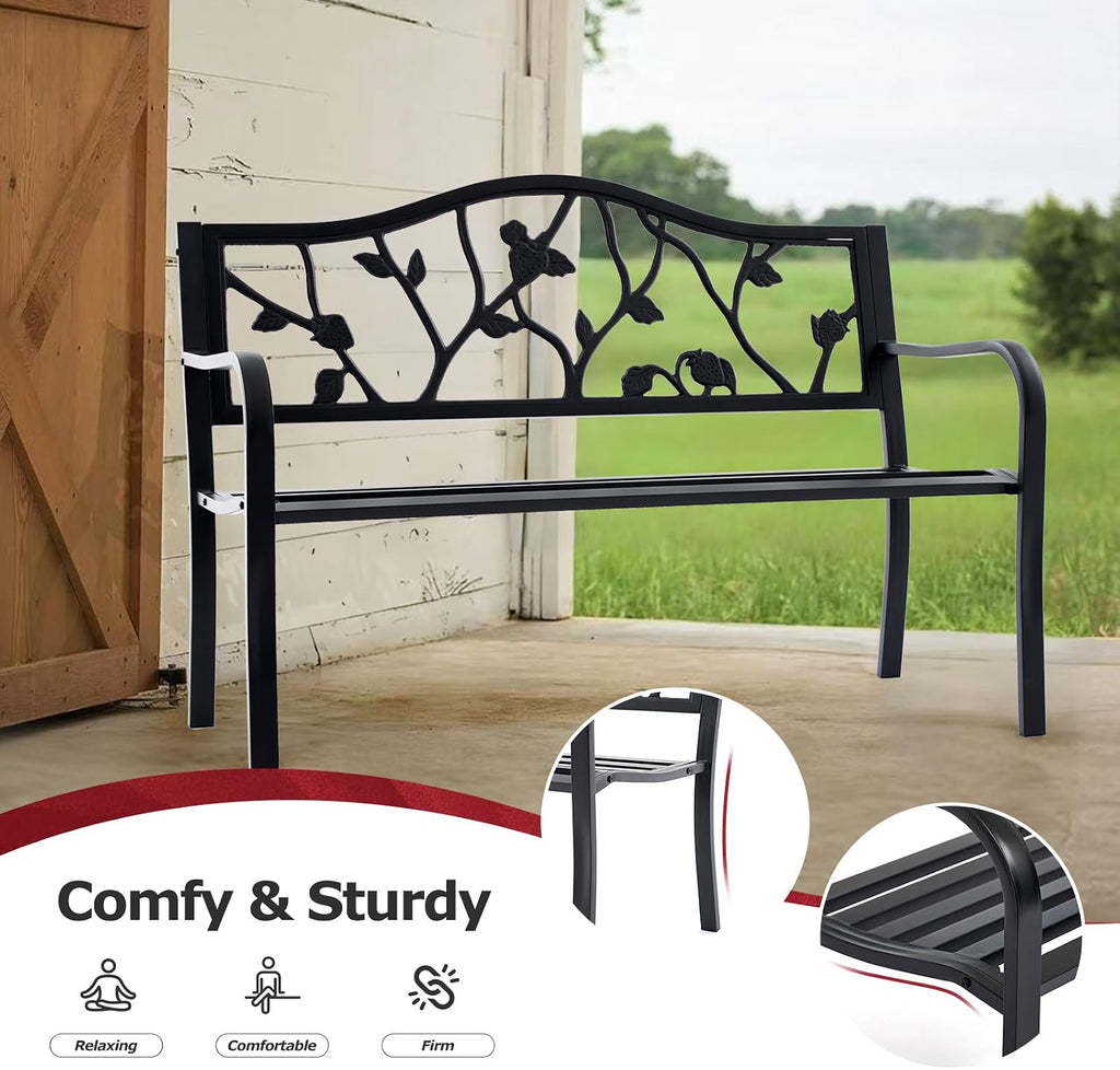 50" Strawberry Outdoor Garden Bench, Weatherproof Sturdy Cast Iron Metal Frame Patio Park Bench for Porch Yard Lawn