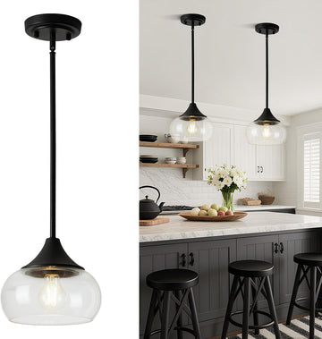 Modern Pendant Lights for Kitchen Island, Black Pendant Light Fixtures with 8.5" Clear Glass Shade, Industrial