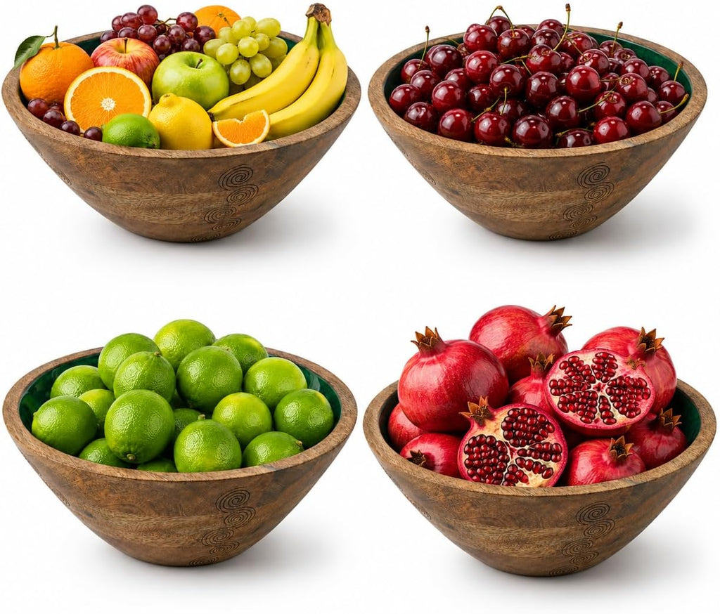 Wooden Decorative Bowl with Green Interior, Mango Wood Bowl Decor | Modern Fruit Bowl Counter; Hand-Carved Coffee