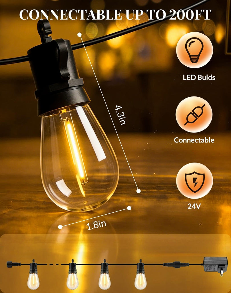 Outdoor String Lights Patio Light - 50Ft Outside Waterproof Dimmable Bulbs